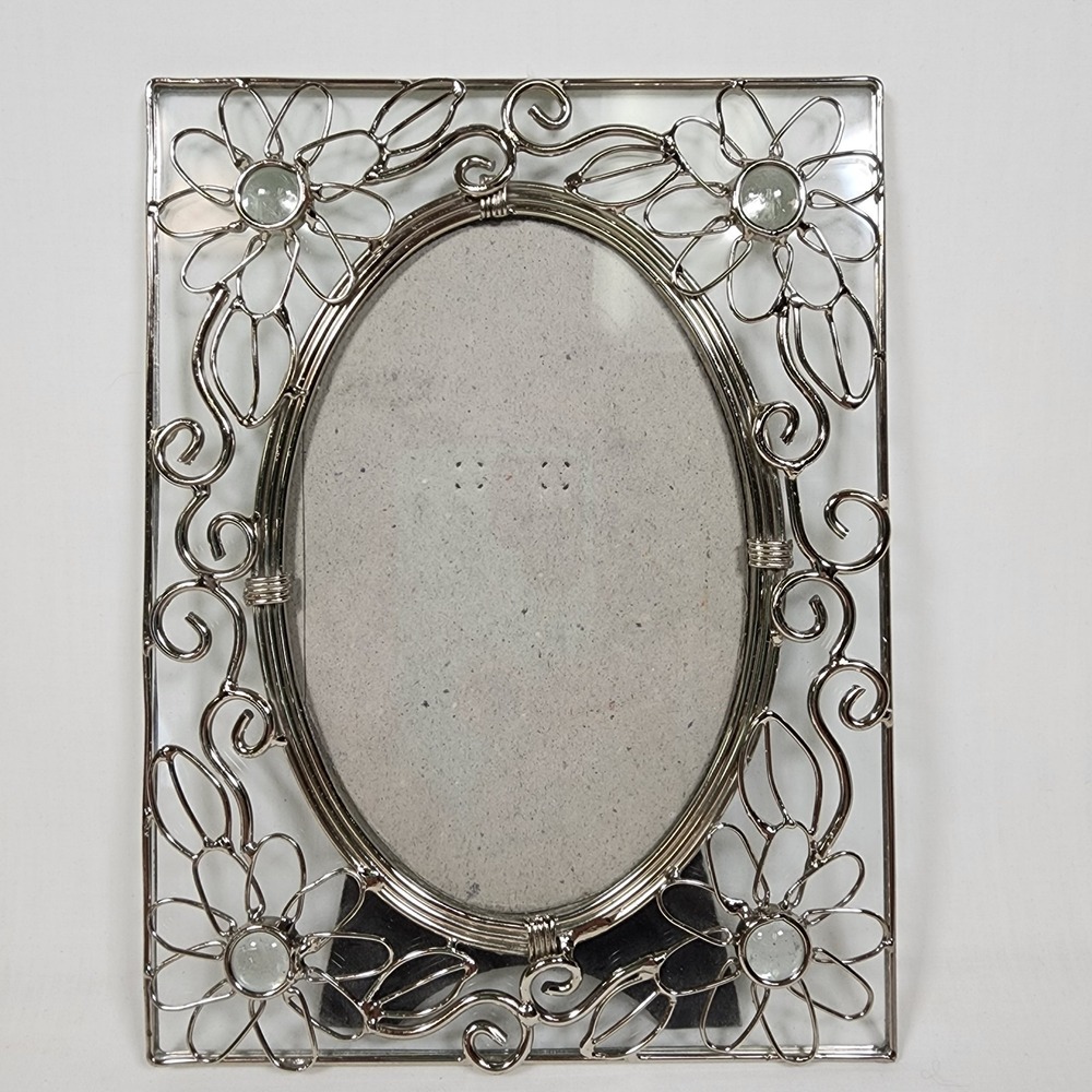 Ornate Metal Wire Picture Frame Silver Tone Floral Design Rectangle & Oval Shape